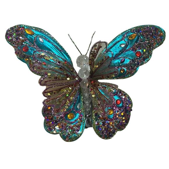9” Aqua Butterfly Clip Ornament Glittered & Jeweled Blue, Pink, Vintage - Picture 1 of 4